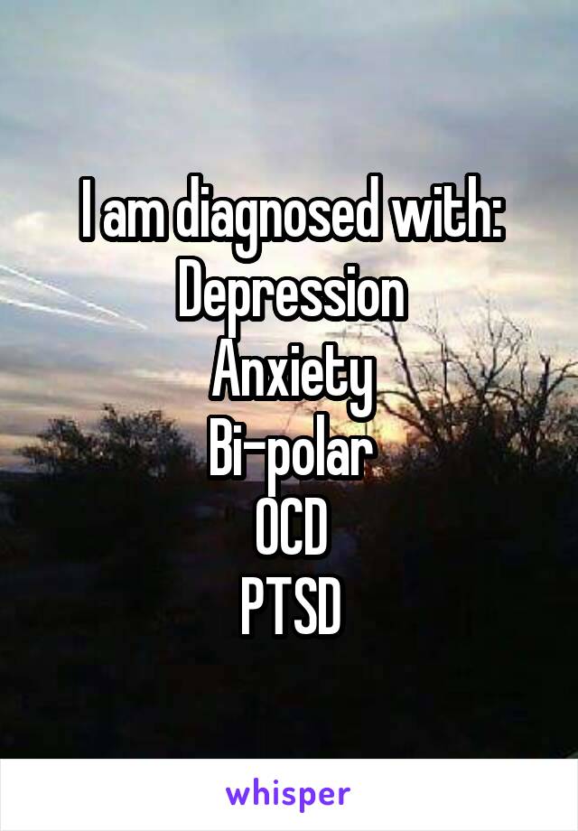 I am diagnosed with:
Depression
Anxiety
Bi-polar
OCD
PTSD