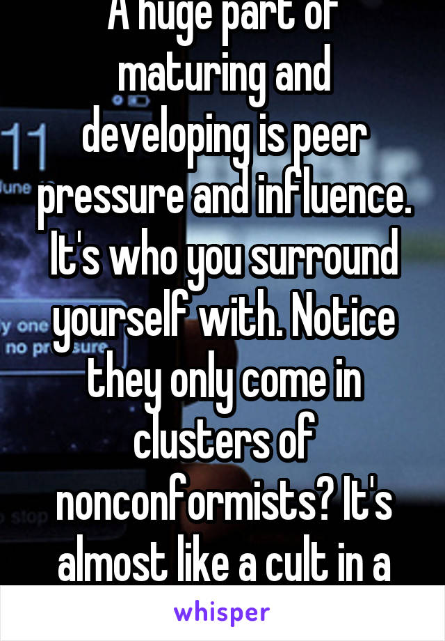 A huge part of maturing and developing is peer pressure and influence. It's who you surround yourself with. Notice they only come in clusters of nonconformists? It's almost like a cult in a way