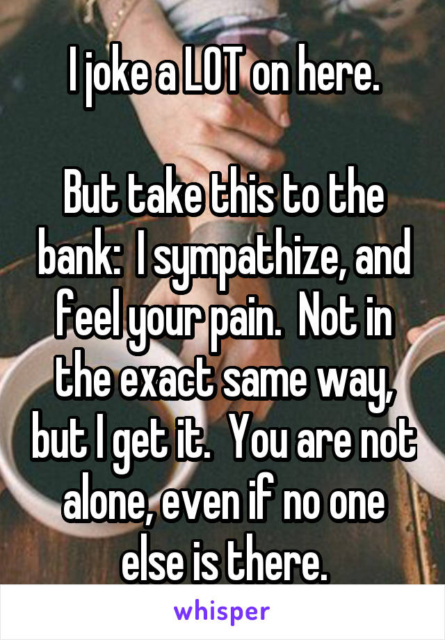 I joke a LOT on here.

But take this to the bank:  I sympathize, and feel your pain.  Not in the exact same way, but I get it.  You are not alone, even if no one else is there.