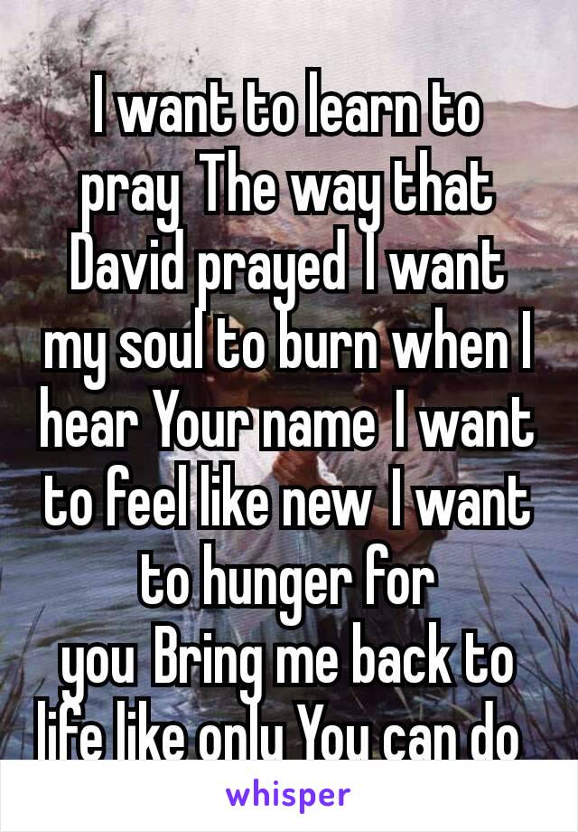 I want to learn to pray The way that David prayed I want my soul to burn when I hear Your name I want to feel like new I want to hunger for you Bring me back to life like only You can do 