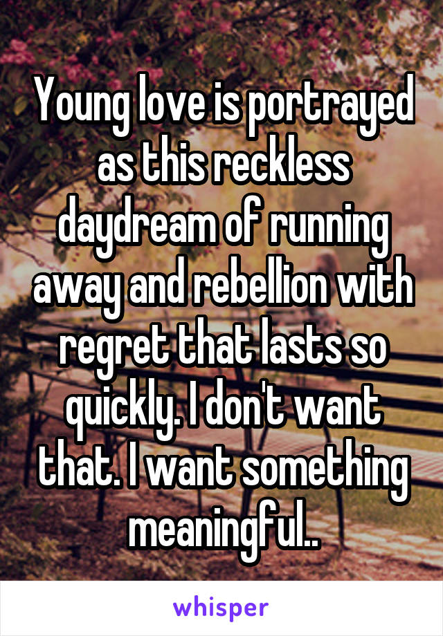 Young love is portrayed as this reckless daydream of running away and rebellion with regret that lasts so quickly. I don't want that. I want something meaningful..