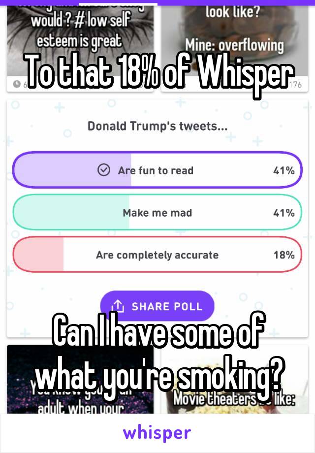 To that 18% of Whisper





Can I have some of what you're smoking?