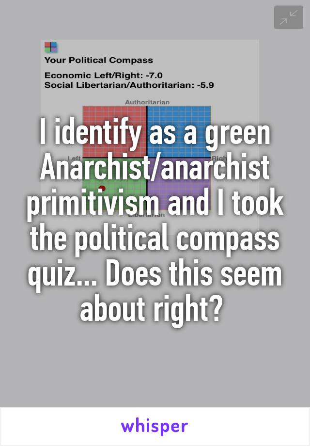 I identify as a green Anarchist/anarchist primitivism and I took the political compass quiz... Does this seem about right? 