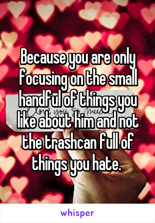 Because you are only focusing on the small handful of things you like about him and not the trashcan full of things you hate. 