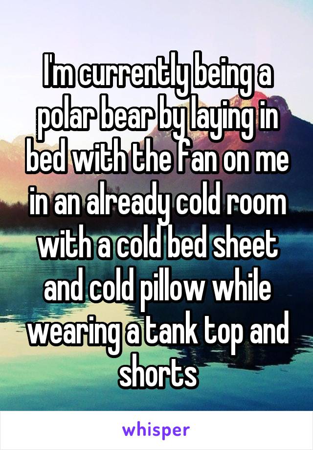 I'm currently being a polar bear by laying in bed with the fan on me in an already cold room with a cold bed sheet and cold pillow while wearing a tank top and shorts