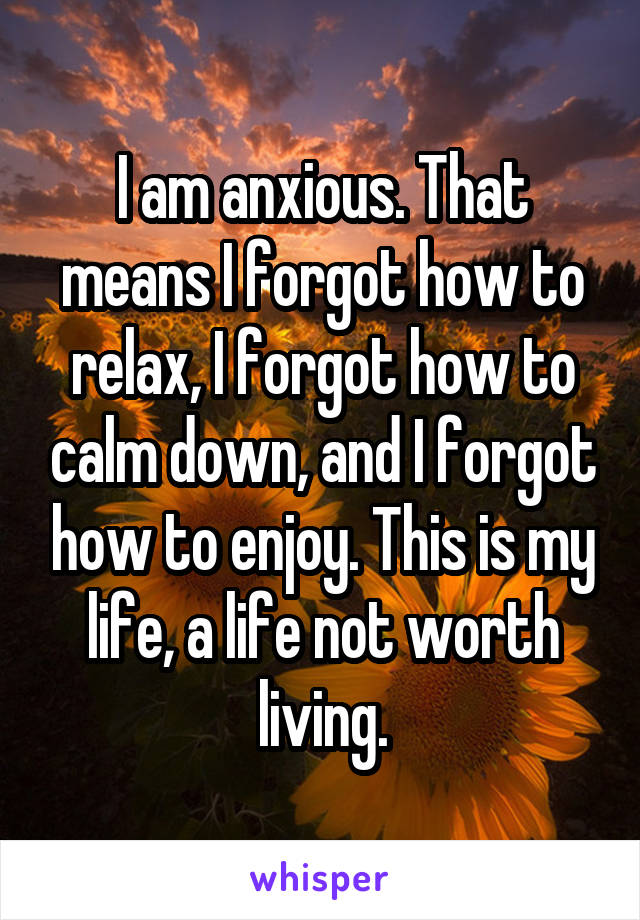 I am anxious. That means I forgot how to relax, I forgot how to calm down, and I forgot how to enjoy. This is my life, a life not worth living.