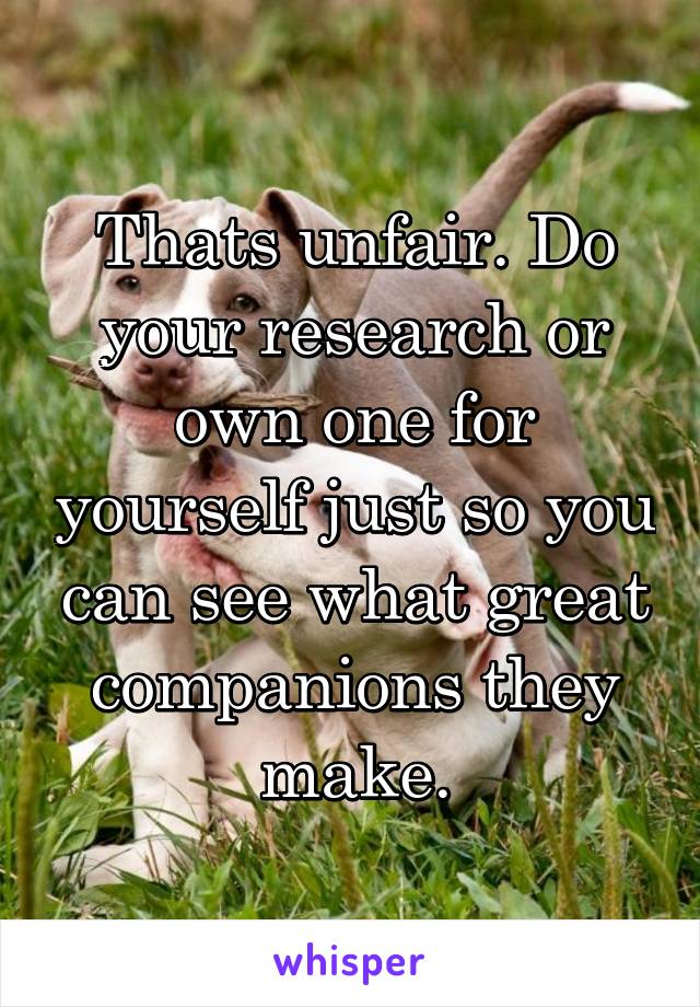 Thats unfair. Do your research or own one for yourself just so you can see what great companions they make.