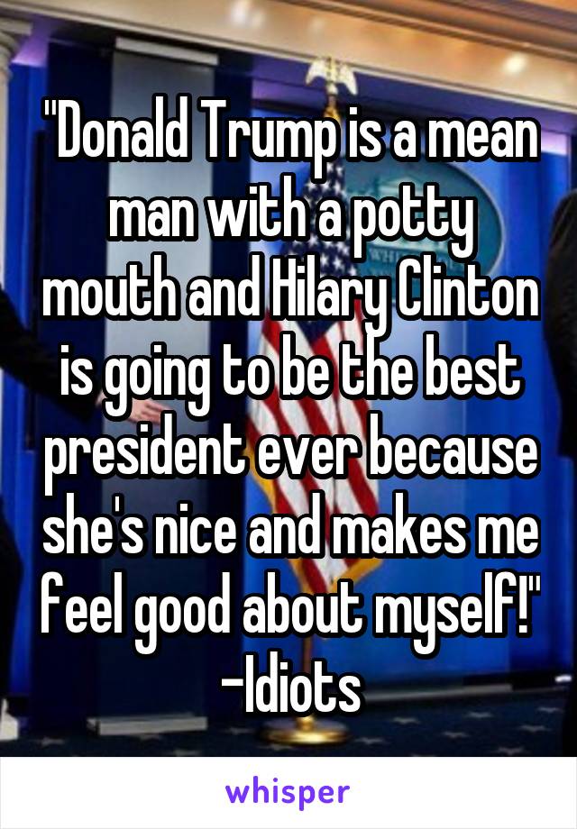 "Donald Trump is a mean man with a potty mouth and Hilary Clinton is going to be the best president ever because she's nice and makes me feel good about myself!"
-Idiots