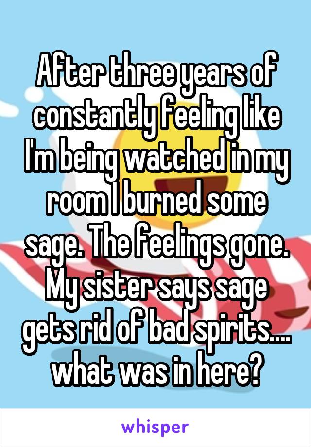 After three years of constantly feeling like I'm being watched in my room I burned some sage. The feelings gone. My sister says sage gets rid of bad spirits.... what was in here?