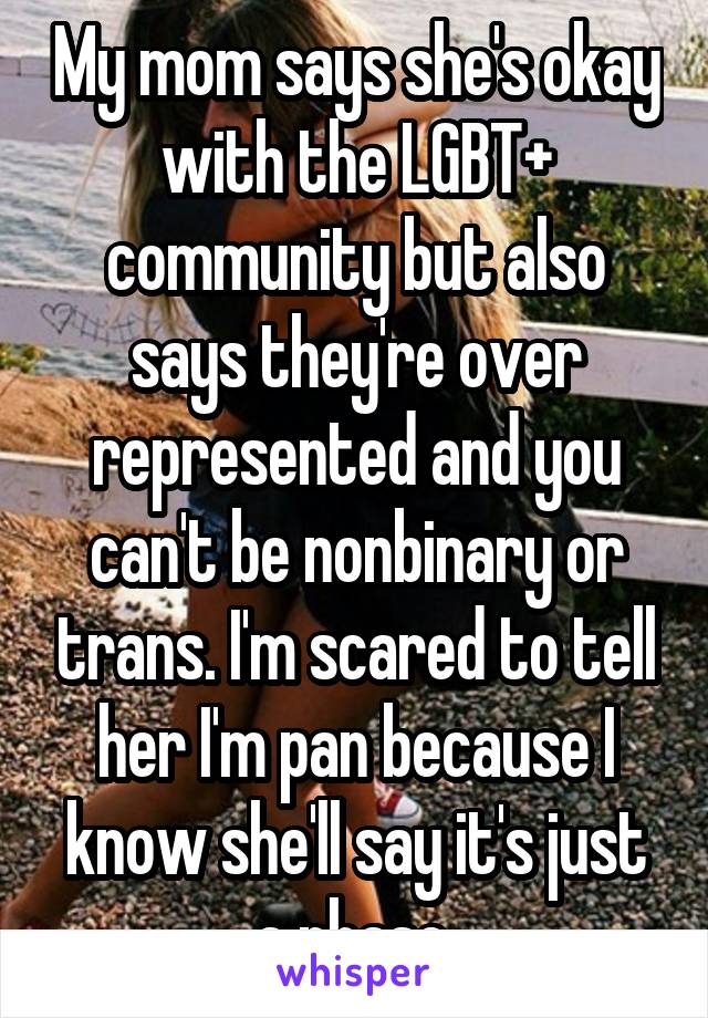 My mom says she's okay with the LGBT+ community but also says they're over represented and you can't be nonbinary or trans. I'm scared to tell her I'm pan because I know she'll say it's just a phase.