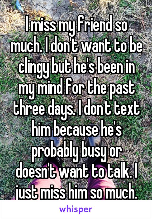 I miss my friend so much. I don't want to be clingy but he's been in my mind for the past three days. I don't text him because he's probably busy or doesn't want to talk. I just miss him so much.