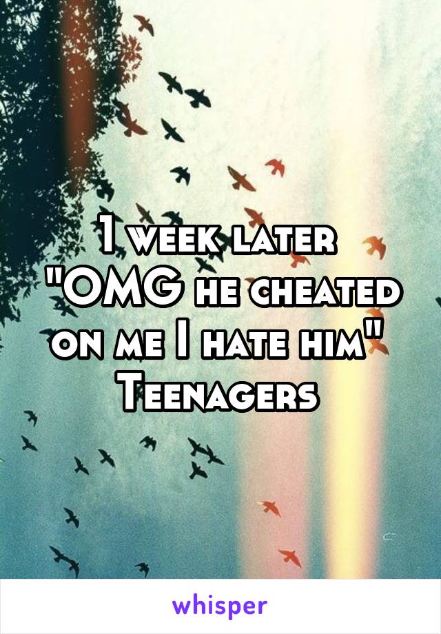 1 week later 
"OMG he cheated on me I hate him" 
Teenagers 