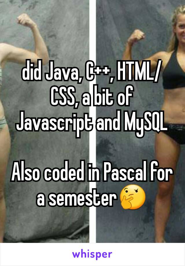 did Java, C++, HTML/CSS, a bit of Javascript and MySQL

Also coded in Pascal for a semester🤔