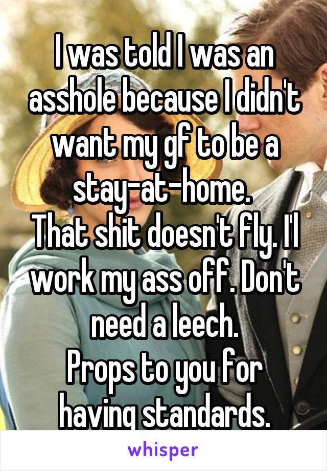 I was told I was an asshole because I didn't want my gf to be a stay-at-home. 
That shit doesn't fly. I'l work my ass off. Don't need a leech.
Props to you for having standards.