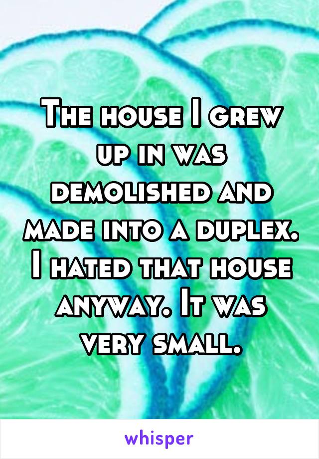 The house I grew up in was demolished and made into a duplex. I hated that house anyway. It was very small.
