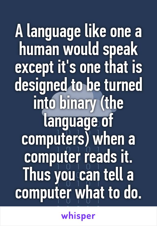 A language like one a human would speak except it's one that is designed to be turned into binary (the language of computers) when a computer reads it. Thus you can tell a computer what to do.