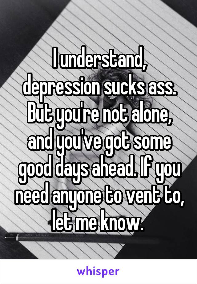 I understand, depression sucks ass. But you're not alone, and you've got some good days ahead. If you need anyone to vent to, let me know. 