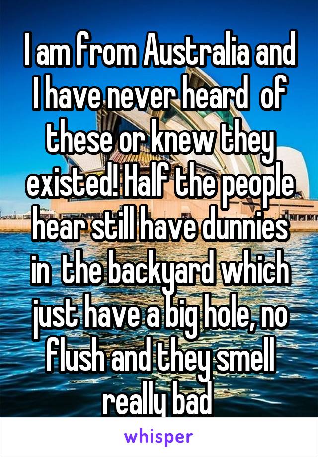 I am from Australia and I have never heard  of these or knew they existed! Half the people hear still have dunnies in  the backyard which just have a big hole, no flush and they smell really bad 