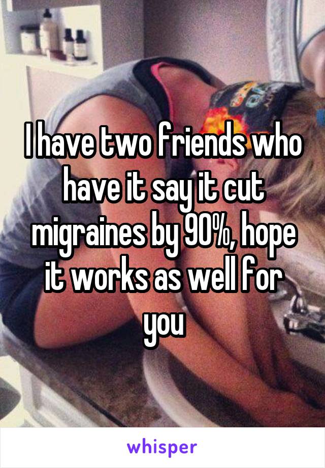 I have two friends who have it say it cut migraines by 90%, hope it works as well for you