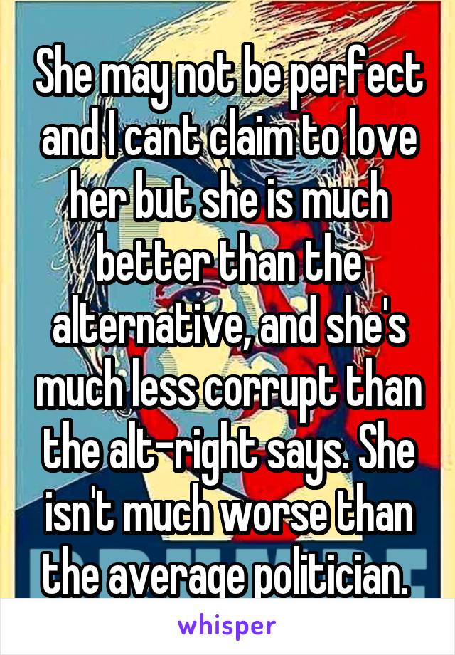 She may not be perfect and I cant claim to love her but she is much better than the alternative, and she's much less corrupt than the alt-right says. She isn't much worse than the average politician. 