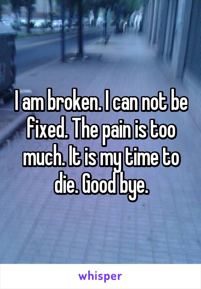 I am broken. I can not be fixed. The pain is too much. It is my time to die. Good bye.