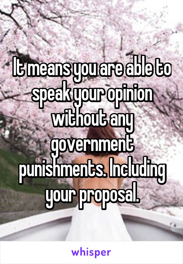 It means you are able to speak your opinion without any government punishments. Including your proposal.