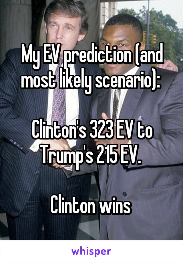 My EV prediction (and most likely scenario): 

Clinton's 323 EV to Trump's 215 EV. 

Clinton wins 