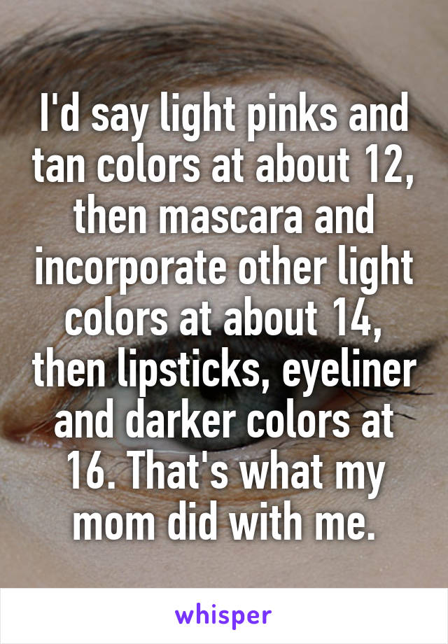 I'd say light pinks and tan colors at about 12, then mascara and incorporate other light colors at about 14, then lipsticks, eyeliner and darker colors at 16. That's what my mom did with me.