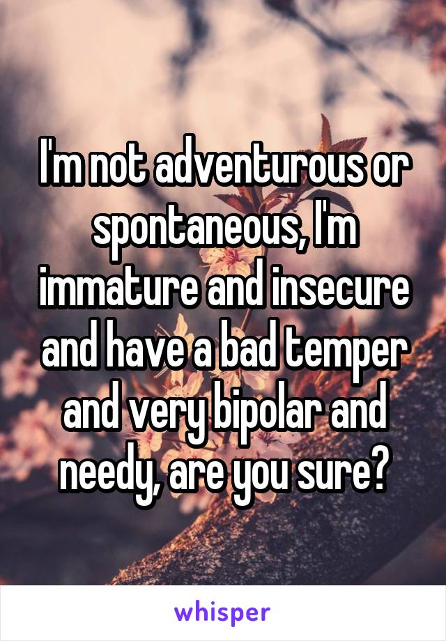 I'm not adventurous or spontaneous, I'm immature and insecure and have a bad temper and very bipolar and needy, are you sure?