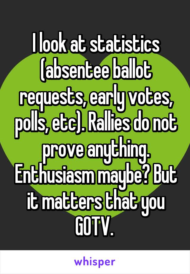 I look at statistics (absentee ballot requests, early votes, polls, etc). Rallies do not prove anything. Enthusiasm maybe? But it matters that you GOTV. 