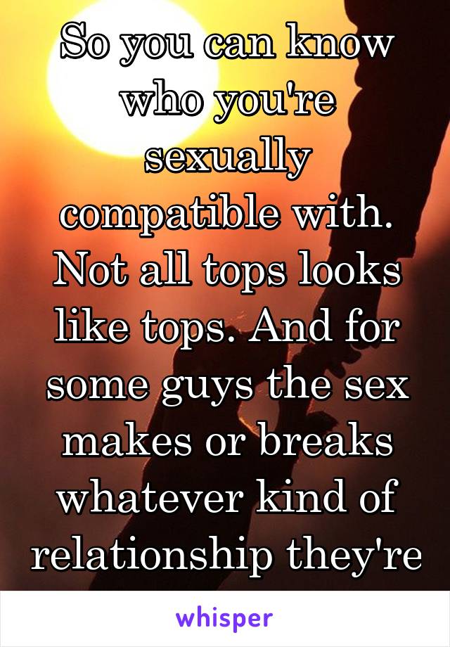 So you can know who you're sexually compatible with. Not all tops looks like tops. And for some guys the sex makes or breaks whatever kind of relationship they're looking for 