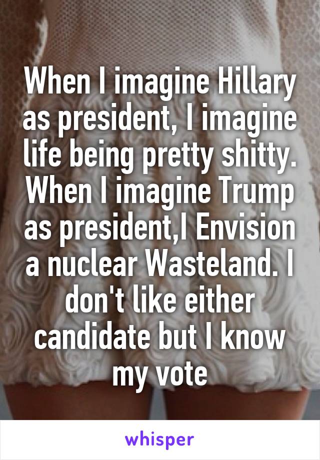 When I imagine Hillary as president, I imagine life being pretty shitty. When I imagine Trump as president,I Envision a nuclear Wasteland. I don't like either candidate but I know my vote