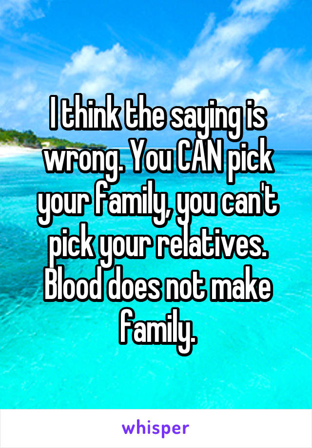 I think the saying is wrong. You CAN pick your family, you can't pick your relatives. Blood does not make family.