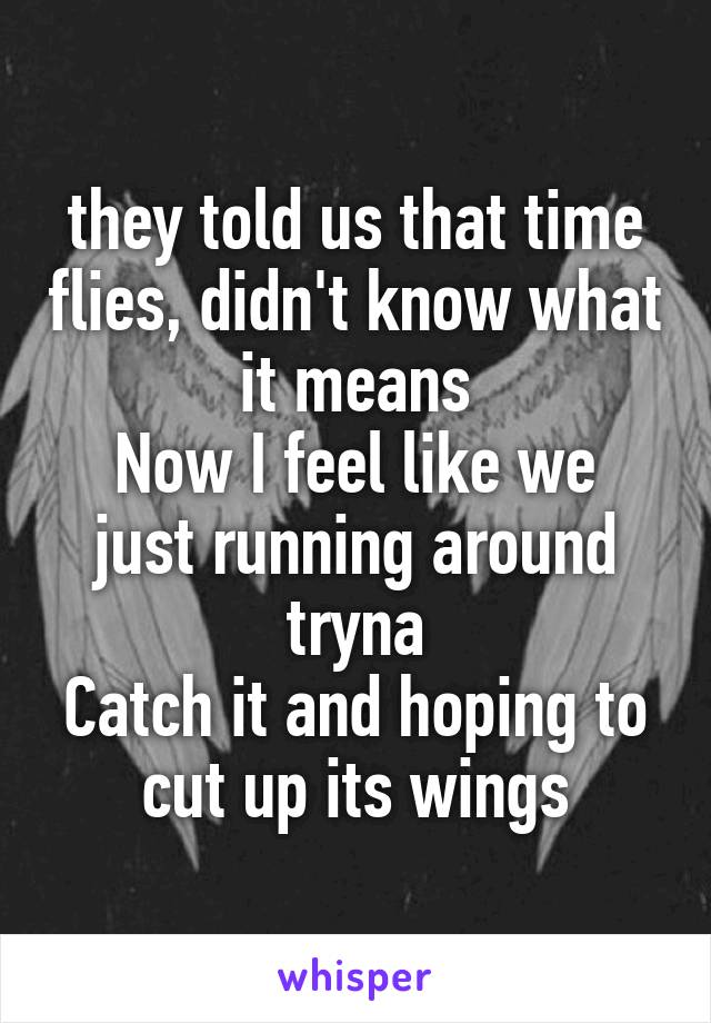 they told us that time flies, didn't know what it means
Now I feel like we just running around tryna
Catch it and hoping to cut up its wings
