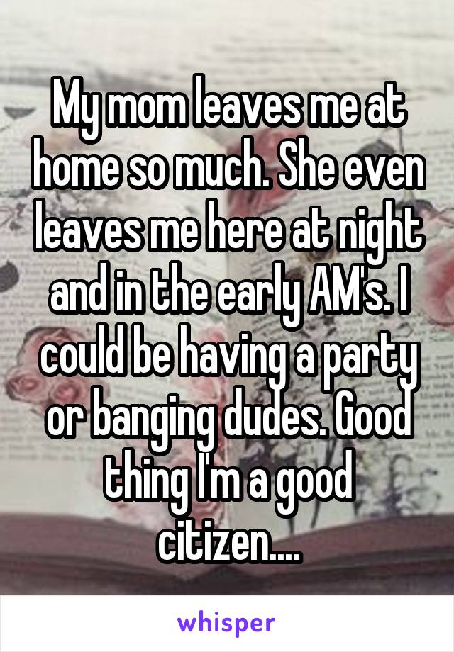 My mom leaves me at home so much. She even leaves me here at night and in the early AM's. I could be having a party or banging dudes. Good thing I'm a good citizen....