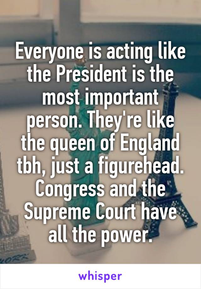 Everyone is acting like the President is the most important person. They're like the queen of England tbh, just a figurehead. Congress and the Supreme Court have all the power.