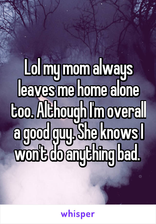 Lol my mom always leaves me home alone too. Although I'm overall a good guy. She knows I won't do anything bad. 