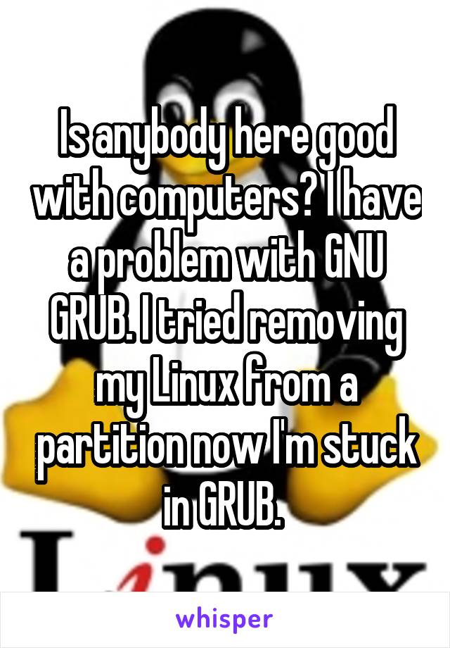 Is anybody here good with computers? I have a problem with GNU GRUB. I tried removing my Linux from a partition now I'm stuck in GRUB. 