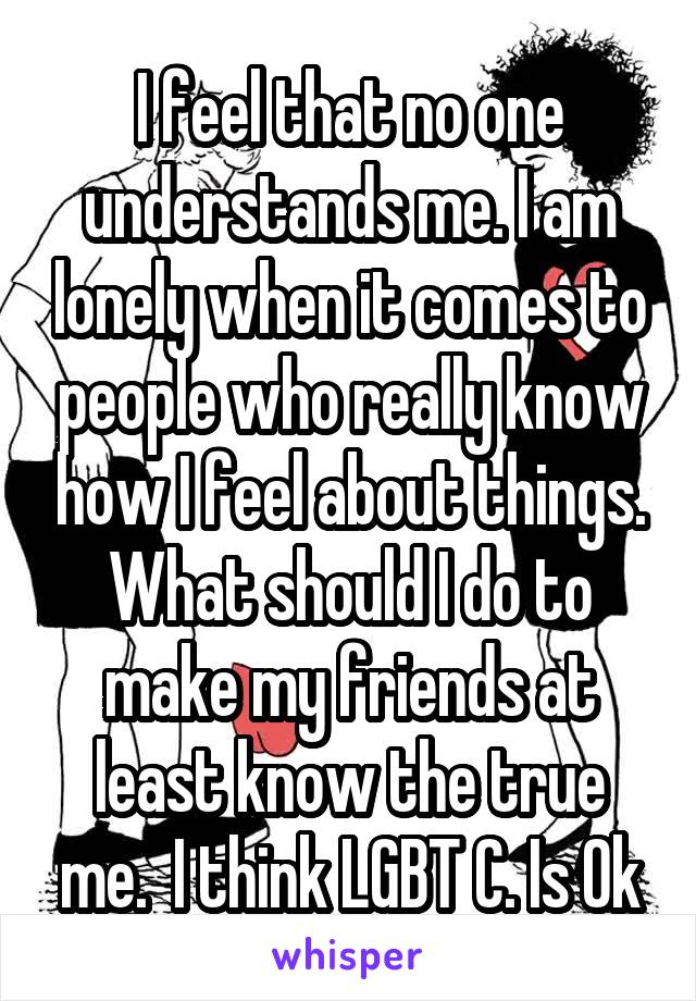 I feel that no one understands me. I am lonely when it comes to people who really know how I feel about things. What should I do to make my friends at least know the true me.  I think LGBT C. Is Ok