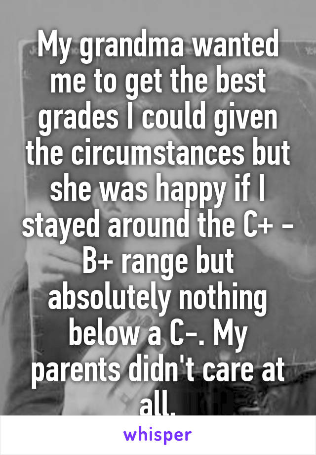My grandma wanted me to get the best grades I could given the circumstances but she was happy if I stayed around the C+ - B+ range but absolutely nothing below a C-. My parents didn't care at all.