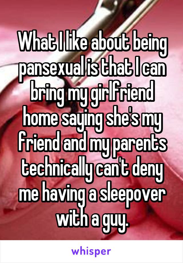 What I like about being pansexual is that I can bring my girlfriend home saying she's my friend and my parents technically can't deny me having a sleepover with a guy.
