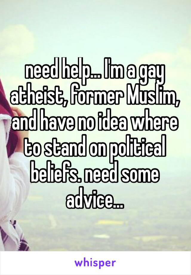 need help… I'm a gay atheist, former Muslim, and have no idea where to stand on political beliefs. need some advice…