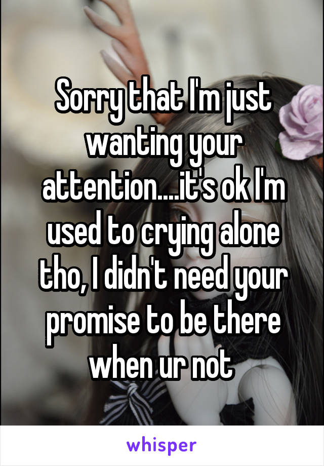 Sorry that I'm just wanting your attention....it's ok I'm used to crying alone tho, I didn't need your promise to be there when ur not 