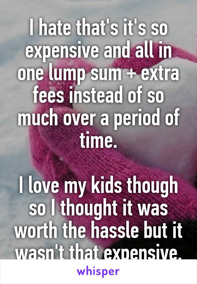 I hate that's it's so expensive and all in one lump sum + extra fees instead of so much over a period of time.

I love my kids though so I thought it was worth the hassle but it wasn't that expensive.