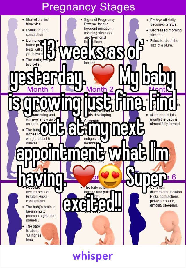 13 weeks as of yesterday. ❤️ My baby is growing just fine. Find out at my next appointment what I'm having. ❤️😍 Super excited!!