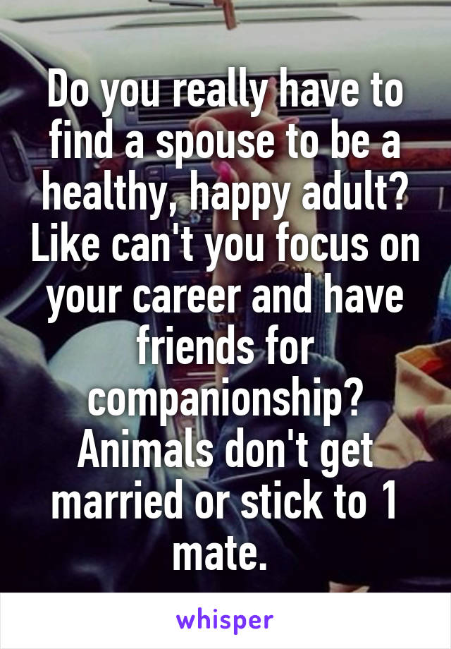 Do you really have to find a spouse to be a healthy, happy adult? Like can't you focus on your career and have friends for companionship? Animals don't get married or stick to 1 mate. 