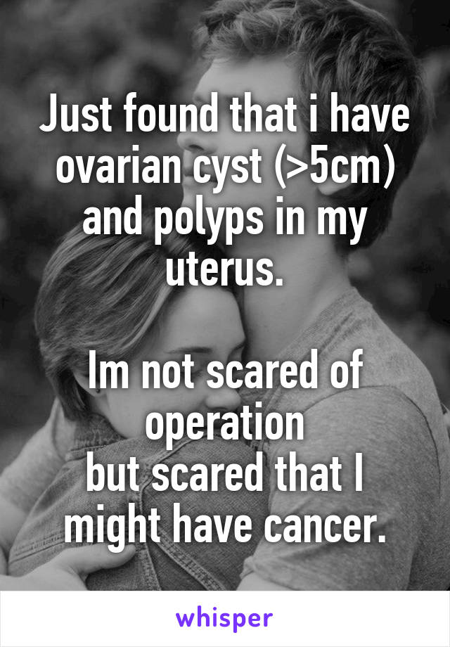 Just found that i have ovarian cyst (>5cm) and polyps in my uterus.

Im not scared of operation
but scared that I might have cancer.