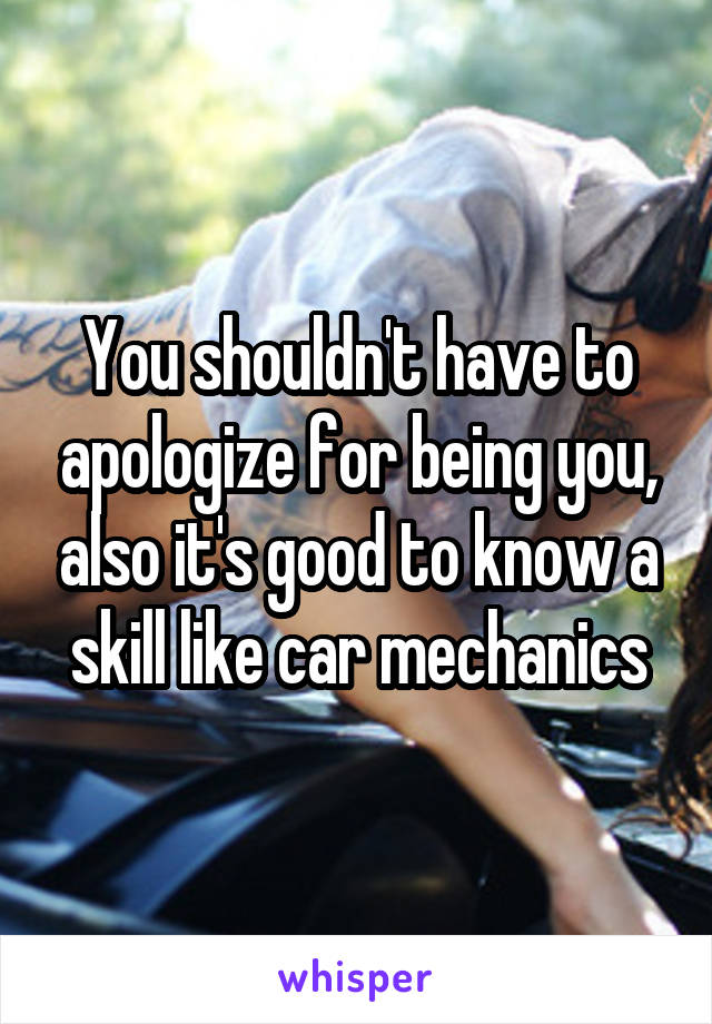 You shouldn't have to apologize for being you, also it's good to know a skill like car mechanics