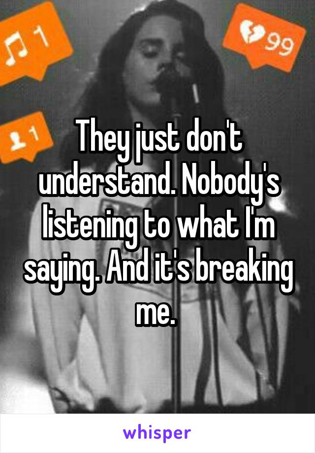 They just don't understand. Nobody's listening to what I'm saying. And it's breaking me. 