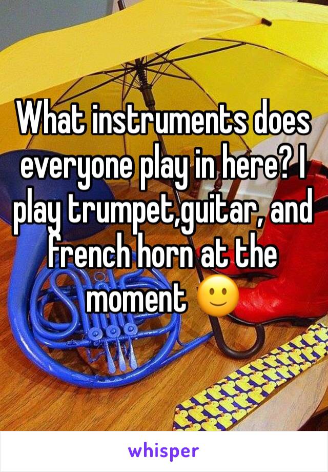 What instruments does everyone play in here? I play trumpet,guitar, and french horn at the moment 🙂
